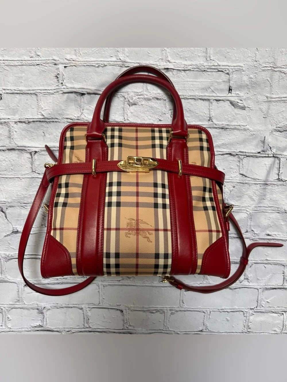 Burberry Brown Haymarket Check Patent Leather Portrait Minford Tote Bag - Picture 1 of 16